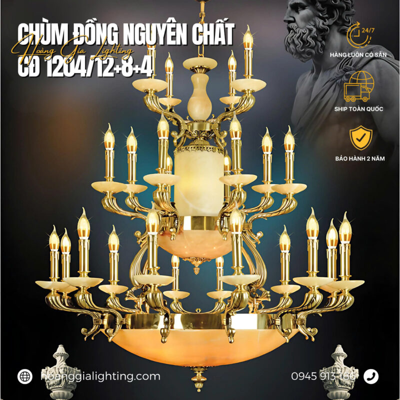 Đèn chùm đồng chao đá CĐ 1204/12+8+4