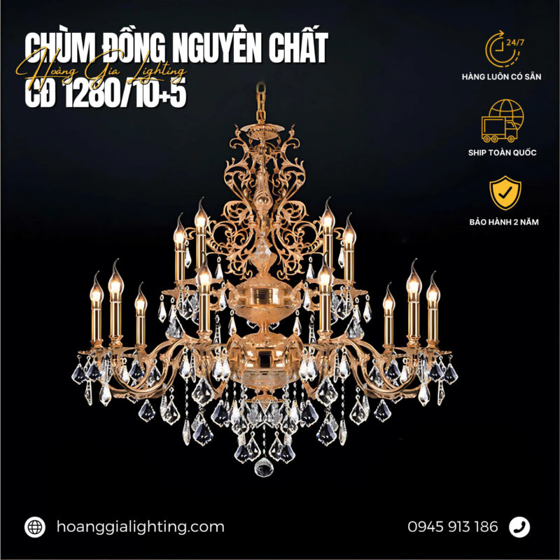 đèn trang trí nội thất của mọi nhà Đèn chùm đồng pha lê nến CĐ 1280/10+5