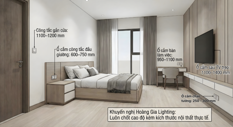 bố trí ổ cắm công tắc phòng ngủ